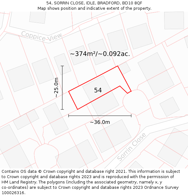 54, SORRIN CLOSE, IDLE, BRADFORD, BD10 8QF: Plot and title map