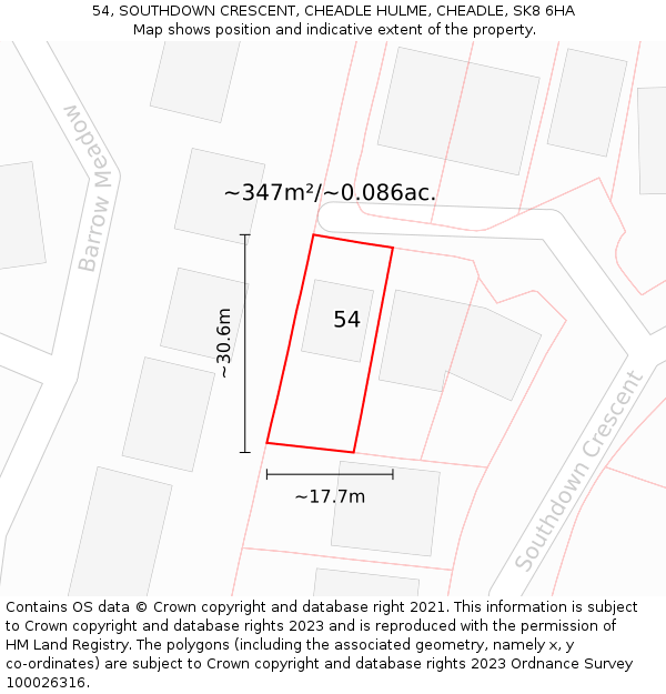 54, SOUTHDOWN CRESCENT, CHEADLE HULME, CHEADLE, SK8 6HA: Plot and title map