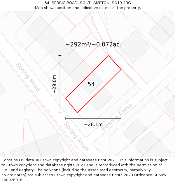 54, SPRING ROAD, SOUTHAMPTON, SO19 2BG: Plot and title map