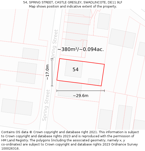 54, SPRING STREET, CASTLE GRESLEY, SWADLINCOTE, DE11 9LF: Plot and title map