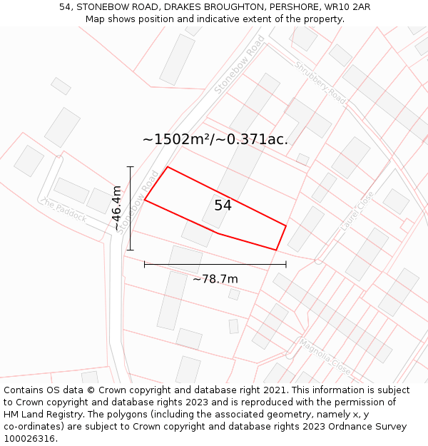 54, STONEBOW ROAD, DRAKES BROUGHTON, PERSHORE, WR10 2AR: Plot and title map