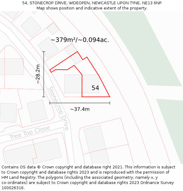 54, STONECROP DRIVE, WIDEOPEN, NEWCASTLE UPON TYNE, NE13 6NP: Plot and title map