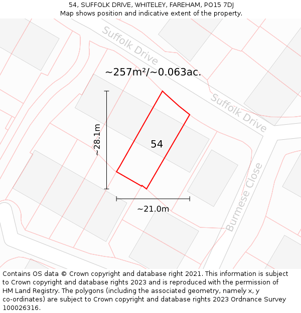 54, SUFFOLK DRIVE, WHITELEY, FAREHAM, PO15 7DJ: Plot and title map