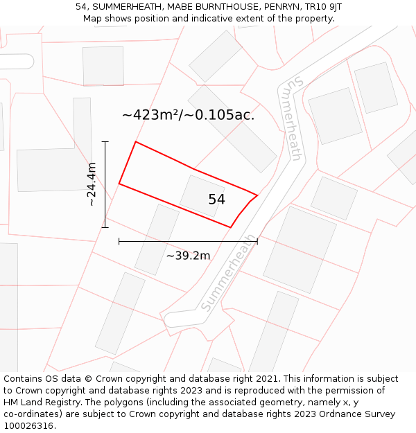 54, SUMMERHEATH, MABE BURNTHOUSE, PENRYN, TR10 9JT: Plot and title map