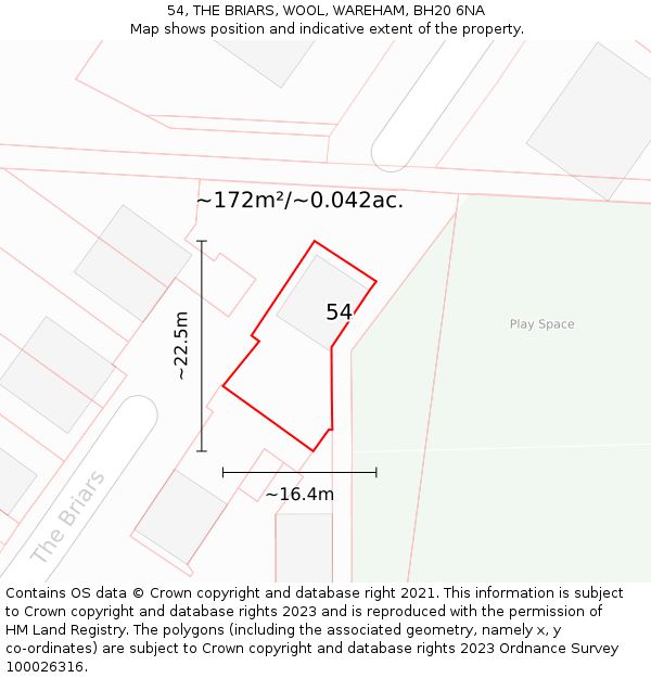 54, THE BRIARS, WOOL, WAREHAM, BH20 6NA: Plot and title map