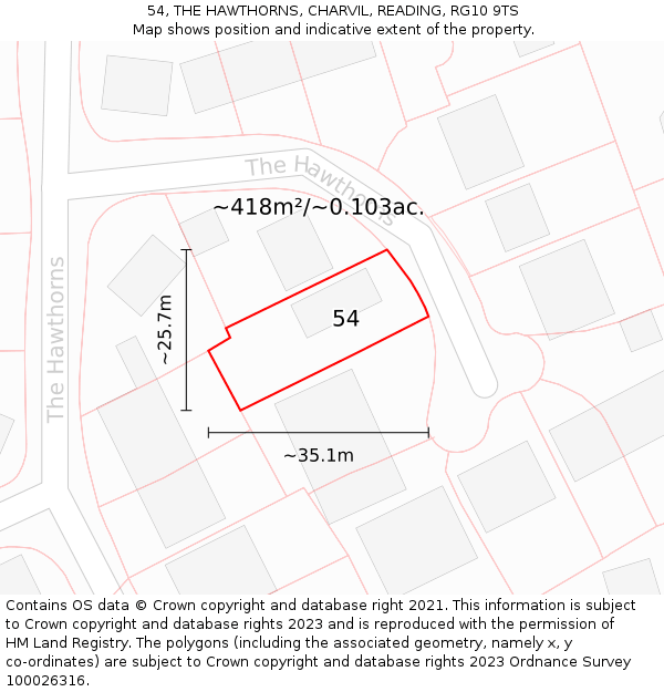 54, THE HAWTHORNS, CHARVIL, READING, RG10 9TS: Plot and title map