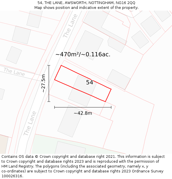 54, THE LANE, AWSWORTH, NOTTINGHAM, NG16 2QQ: Plot and title map