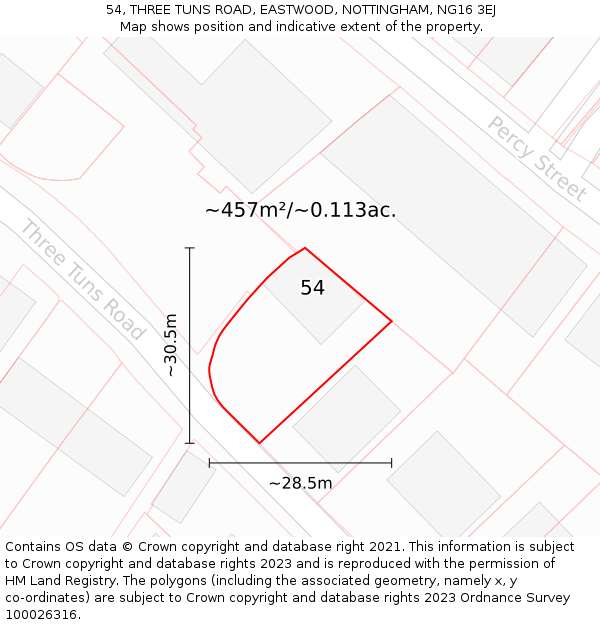 54, THREE TUNS ROAD, EASTWOOD, NOTTINGHAM, NG16 3EJ: Plot and title map