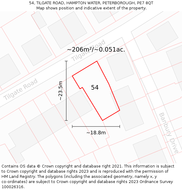 54, TILGATE ROAD, HAMPTON WATER, PETERBOROUGH, PE7 8QT: Plot and title map