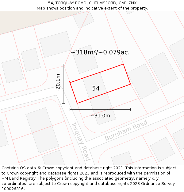 54, TORQUAY ROAD, CHELMSFORD, CM1 7NX: Plot and title map