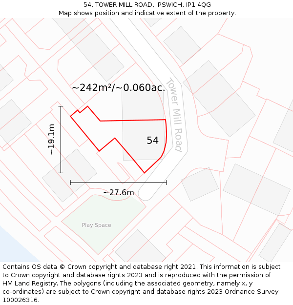 54, TOWER MILL ROAD, IPSWICH, IP1 4QG: Plot and title map