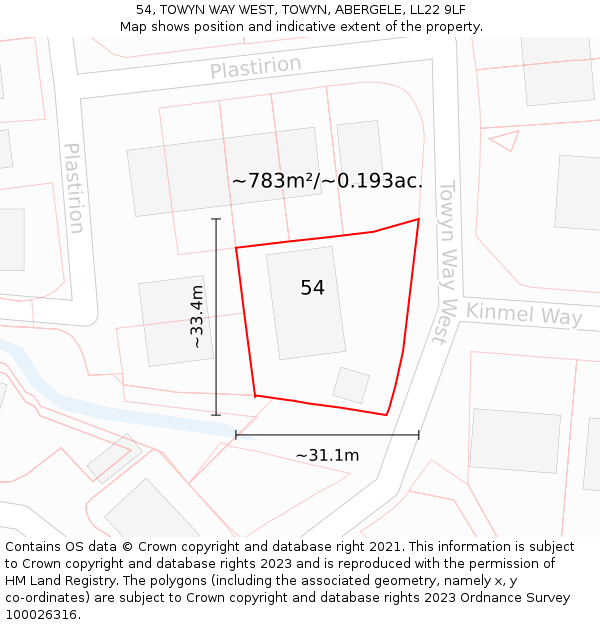 54, TOWYN WAY WEST, TOWYN, ABERGELE, LL22 9LF: Plot and title map