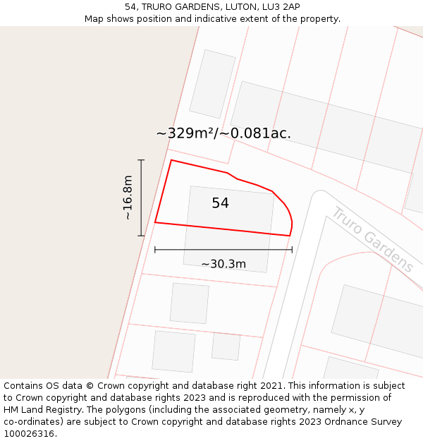 54, TRURO GARDENS, LUTON, LU3 2AP: Plot and title map