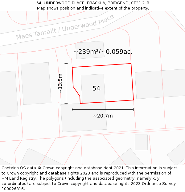 54, UNDERWOOD PLACE, BRACKLA, BRIDGEND, CF31 2LR: Plot and title map