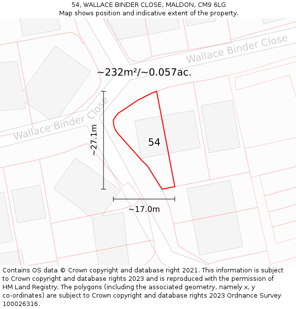 54, WALLACE BINDER CLOSE, MALDON, CM9 6LG: Plot and title map