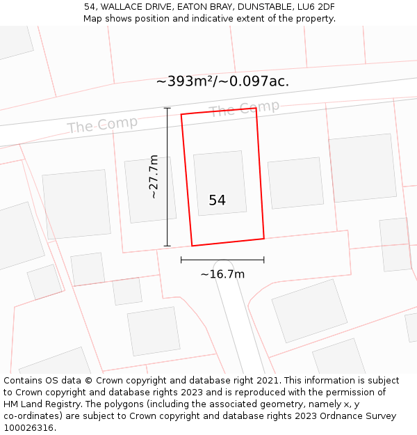 54, WALLACE DRIVE, EATON BRAY, DUNSTABLE, LU6 2DF: Plot and title map