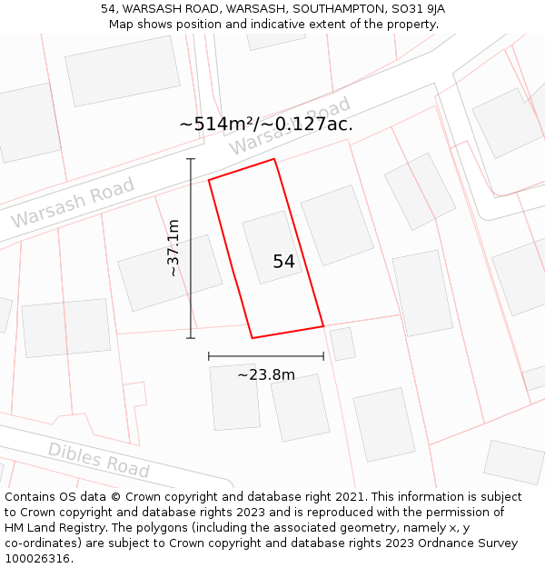 54, WARSASH ROAD, WARSASH, SOUTHAMPTON, SO31 9JA: Plot and title map