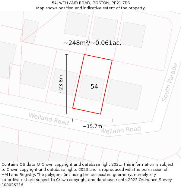 54, WELLAND ROAD, BOSTON, PE21 7PS: Plot and title map