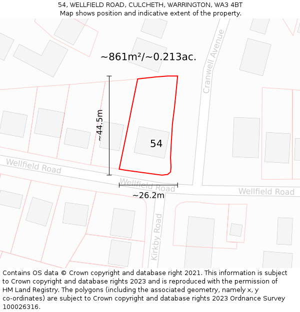 54, WELLFIELD ROAD, CULCHETH, WARRINGTON, WA3 4BT: Plot and title map