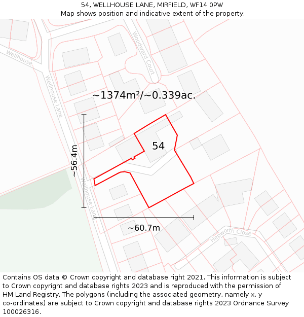 54, WELLHOUSE LANE, MIRFIELD, WF14 0PW: Plot and title map