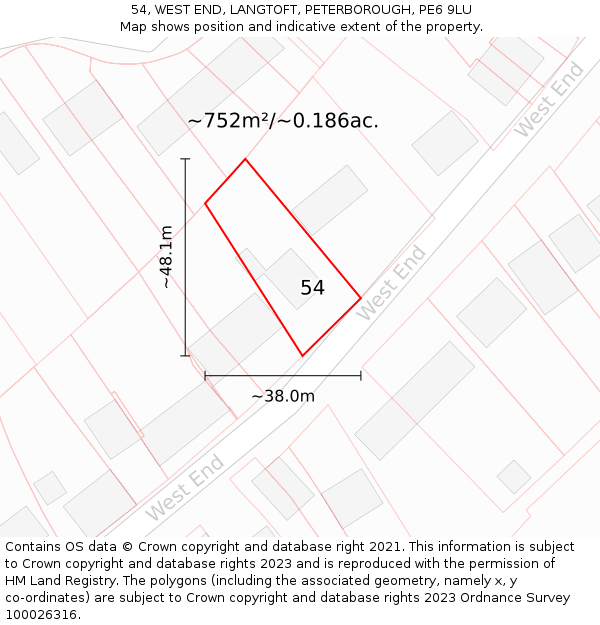 54, WEST END, LANGTOFT, PETERBOROUGH, PE6 9LU: Plot and title map