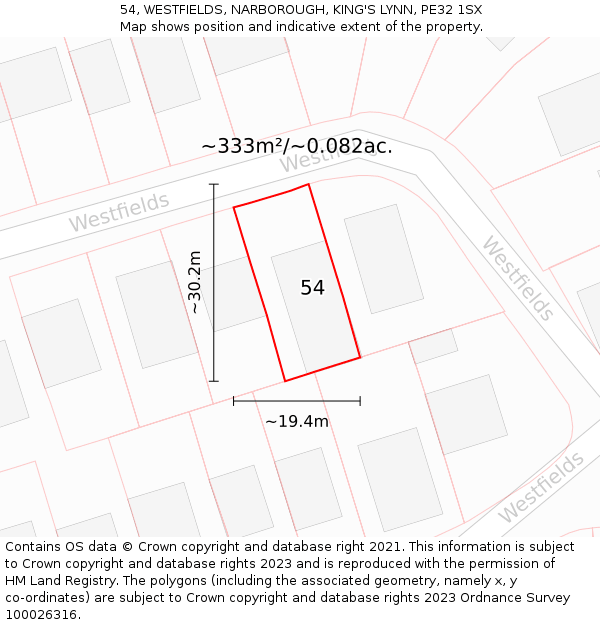 54, WESTFIELDS, NARBOROUGH, KING'S LYNN, PE32 1SX: Plot and title map