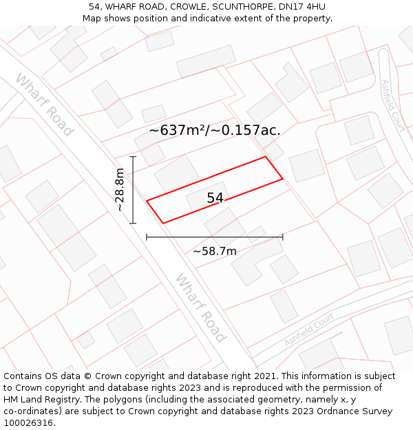54, WHARF ROAD, CROWLE, SCUNTHORPE, DN17 4HU: Plot and title map