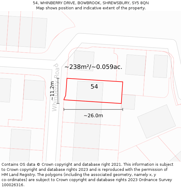 54, WHINBERRY DRIVE, BOWBROOK, SHREWSBURY, SY5 8QN: Plot and title map