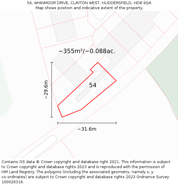 54, WHINMOOR DRIVE, CLAYTON WEST, HUDDERSFIELD, HD8 9QA: Plot and title map