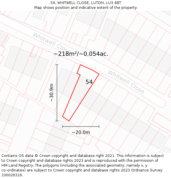 54, WHITWELL CLOSE, LUTON, LU3 4BT: Plot and title map