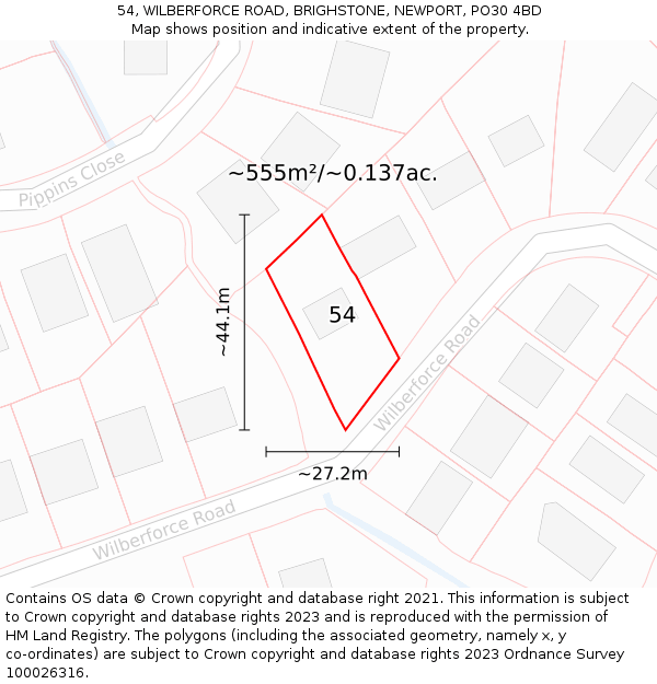 54, WILBERFORCE ROAD, BRIGHSTONE, NEWPORT, PO30 4BD: Plot and title map