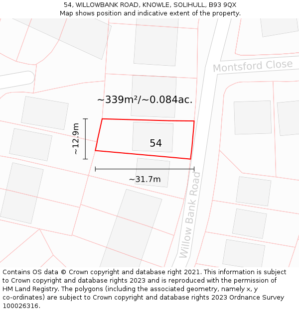 54, WILLOWBANK ROAD, KNOWLE, SOLIHULL, B93 9QX: Plot and title map