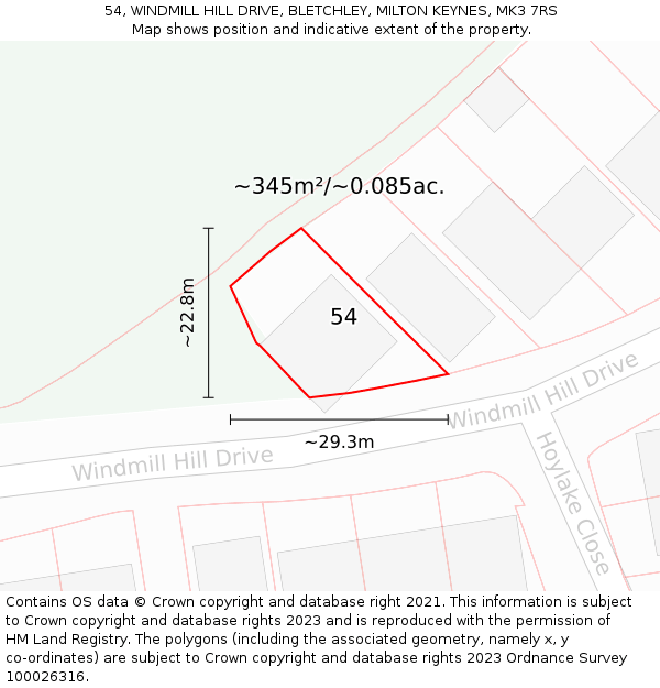 54, WINDMILL HILL DRIVE, BLETCHLEY, MILTON KEYNES, MK3 7RS: Plot and title map
