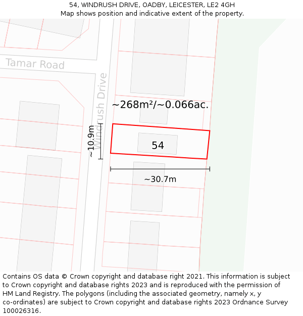54, WINDRUSH DRIVE, OADBY, LEICESTER, LE2 4GH: Plot and title map