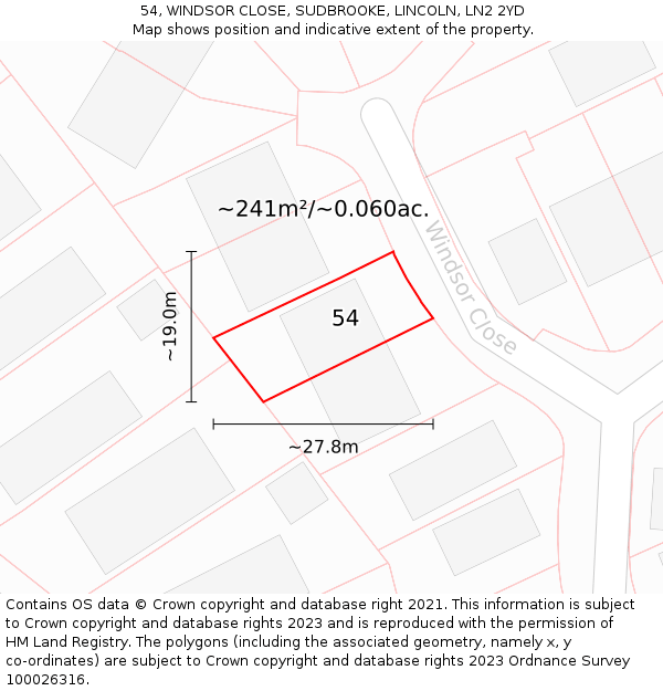 54, WINDSOR CLOSE, SUDBROOKE, LINCOLN, LN2 2YD: Plot and title map
