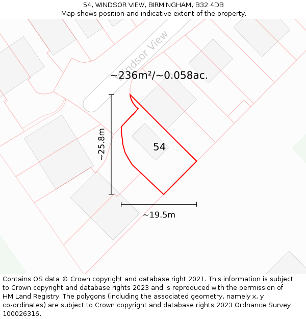 54, WINDSOR VIEW, BIRMINGHAM, B32 4DB: Plot and title map