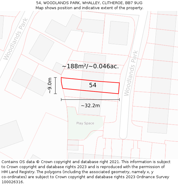 54, WOODLANDS PARK, WHALLEY, CLITHEROE, BB7 9UG: Plot and title map