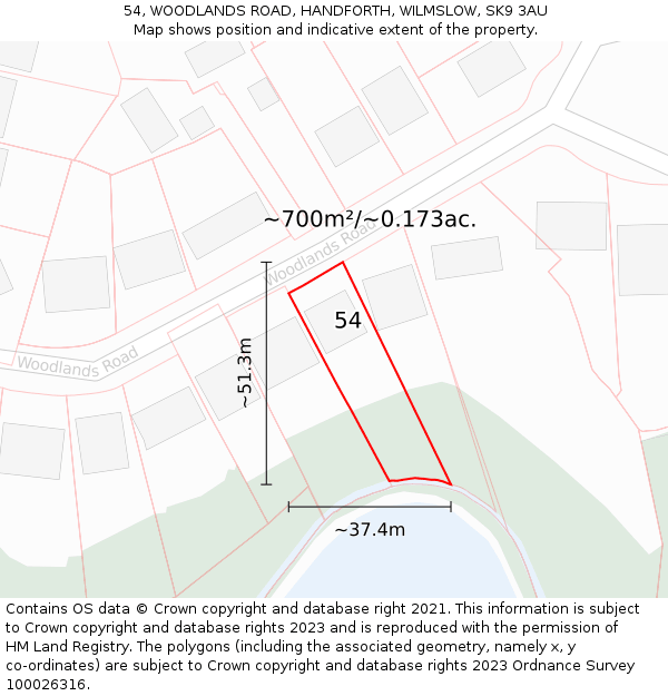 54, WOODLANDS ROAD, HANDFORTH, WILMSLOW, SK9 3AU: Plot and title map