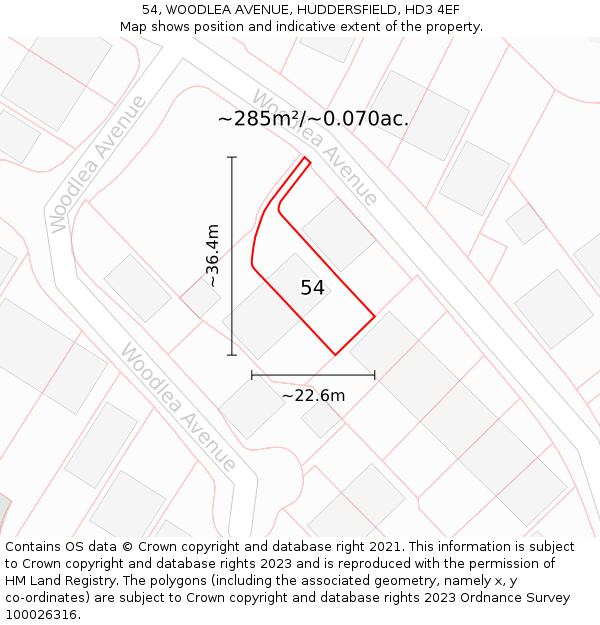 54, WOODLEA AVENUE, HUDDERSFIELD, HD3 4EF: Plot and title map