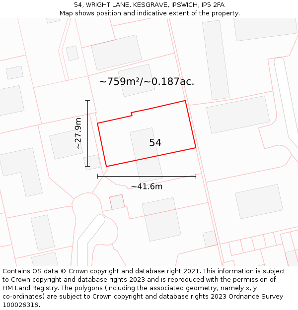 54, WRIGHT LANE, KESGRAVE, IPSWICH, IP5 2FA: Plot and title map