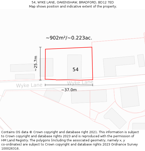 54, WYKE LANE, OAKENSHAW, BRADFORD, BD12 7ED: Plot and title map