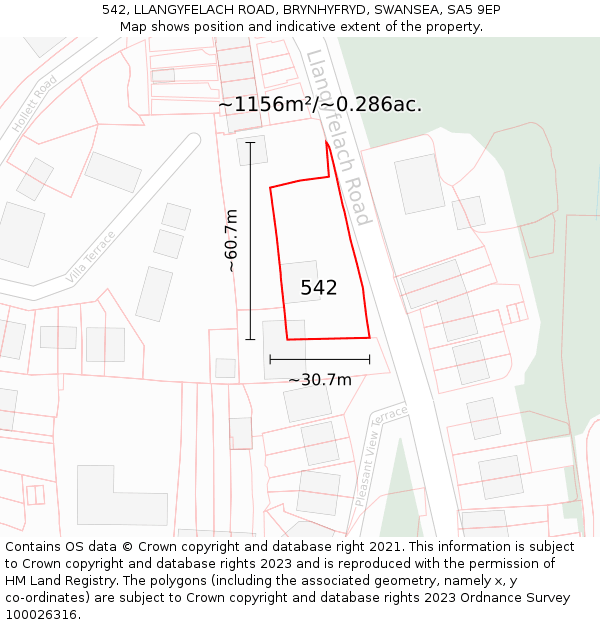 542, LLANGYFELACH ROAD, BRYNHYFRYD, SWANSEA, SA5 9EP: Plot and title map