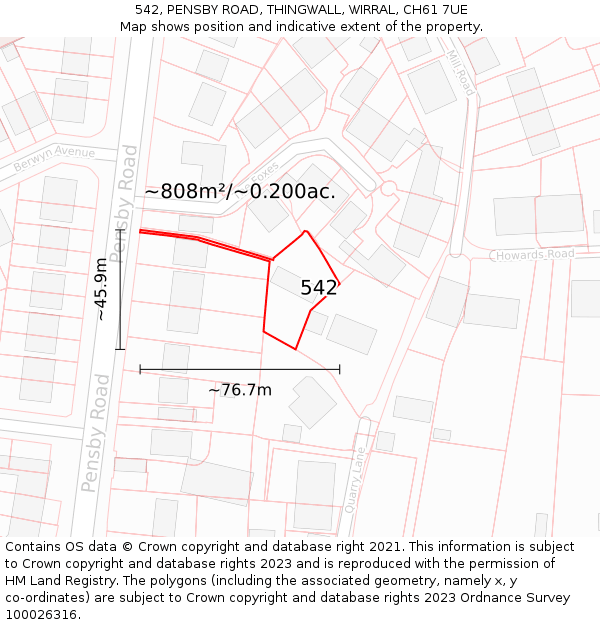 542, PENSBY ROAD, THINGWALL, WIRRAL, CH61 7UE: Plot and title map