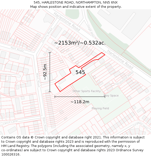 545, HARLESTONE ROAD, NORTHAMPTON, NN5 6NX: Plot and title map