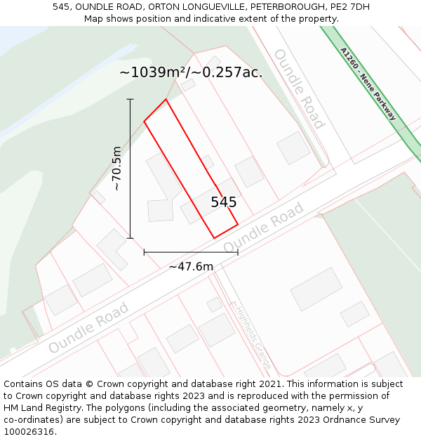 545, OUNDLE ROAD, ORTON LONGUEVILLE, PETERBOROUGH, PE2 7DH: Plot and title map