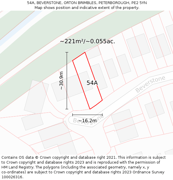 54A, BEVERSTONE, ORTON BRIMBLES, PETERBOROUGH, PE2 5YN: Plot and title map