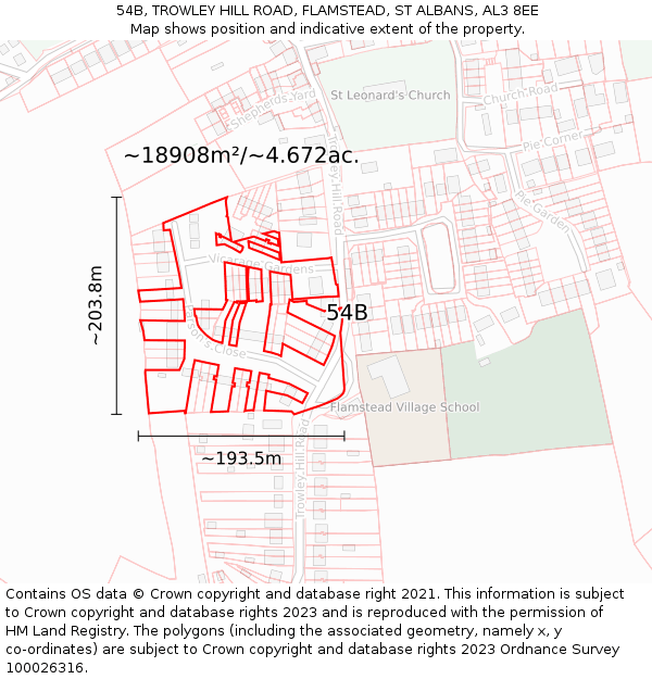 54B, TROWLEY HILL ROAD, FLAMSTEAD, ST ALBANS, AL3 8EE: Plot and title map
