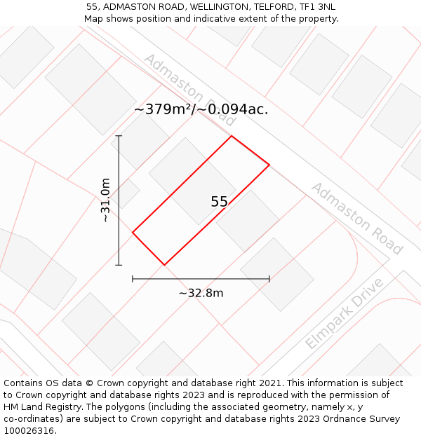 55, ADMASTON ROAD, WELLINGTON, TELFORD, TF1 3NL: Plot and title map