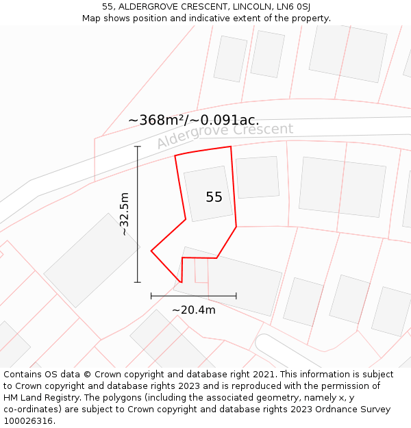 55, ALDERGROVE CRESCENT, LINCOLN, LN6 0SJ: Plot and title map