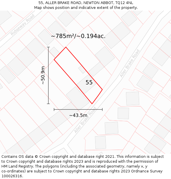 55, ALLER BRAKE ROAD, NEWTON ABBOT, TQ12 4NL: Plot and title map